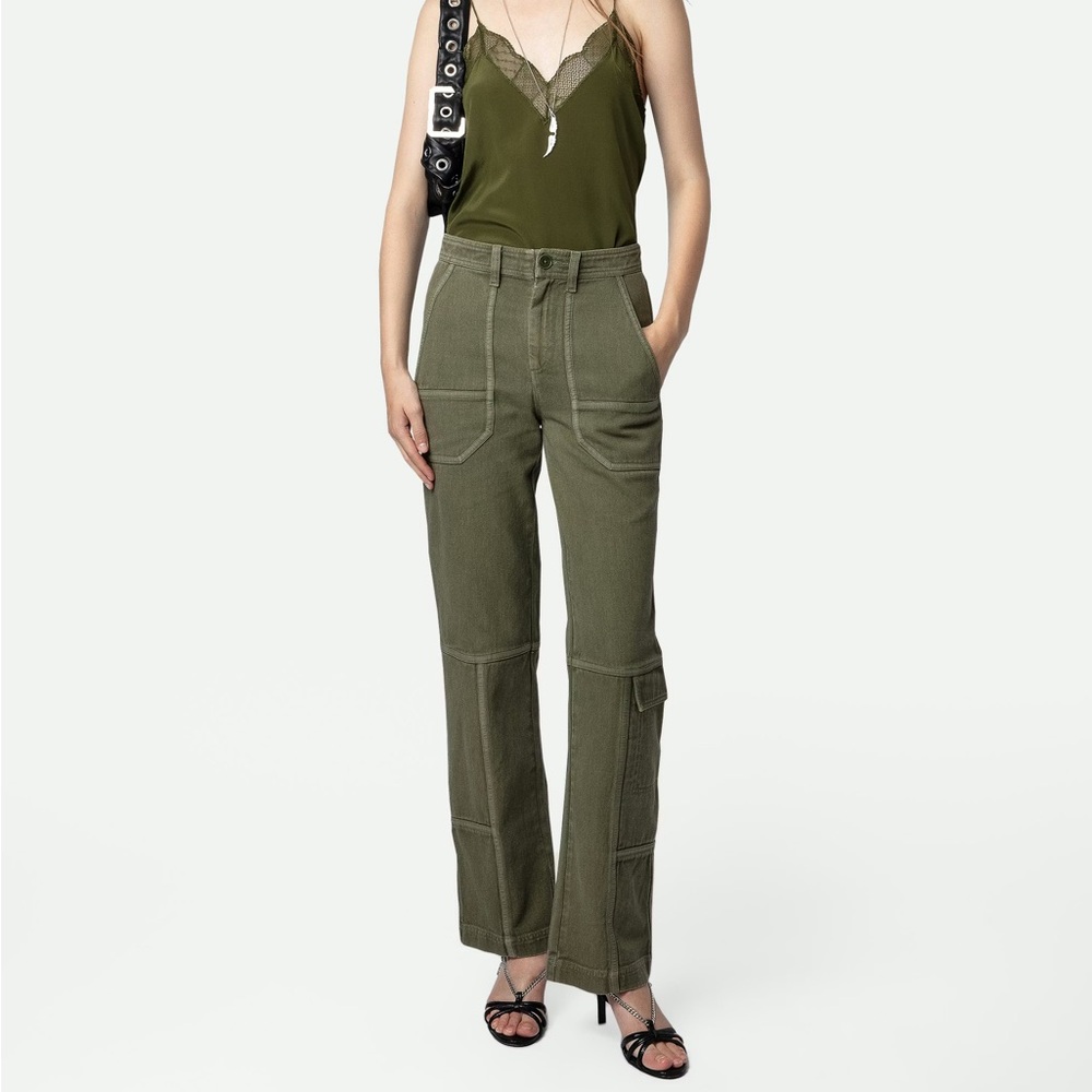 Zadig & Voltaire Pepper Cotton Twill Pants 34 Olive Cargo Straight Leg Trouser